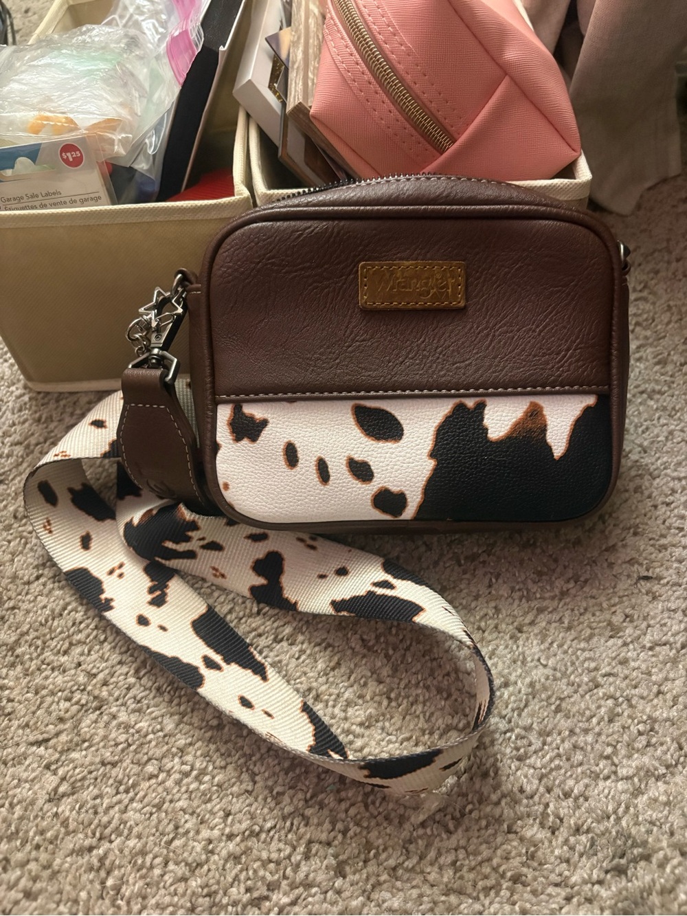 Wrangler Brown and White Cowprint Crossbody with Patterned Strap